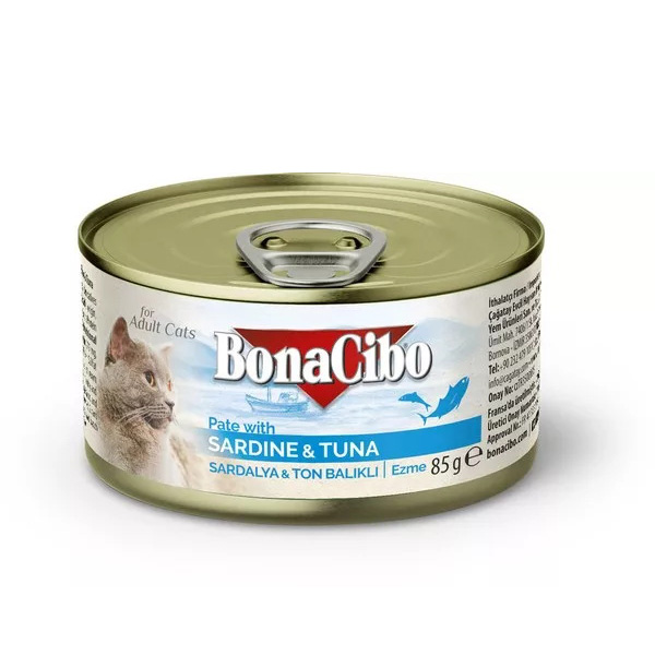 کنسرو گربه بوناسیبو مدل پته ماهی ساردین و تن وزن 85 گرم 