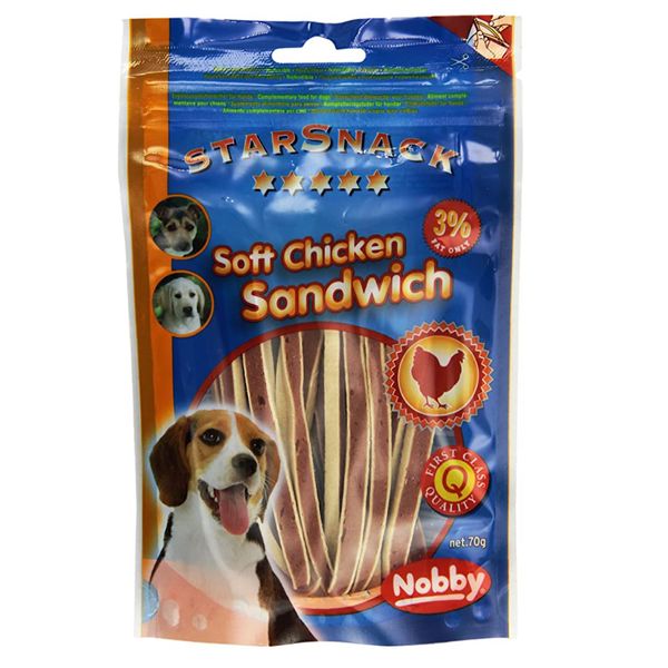 تشویقی سگ نوبی مدل starsnack soft chicken sandwich وزن 70 گرم