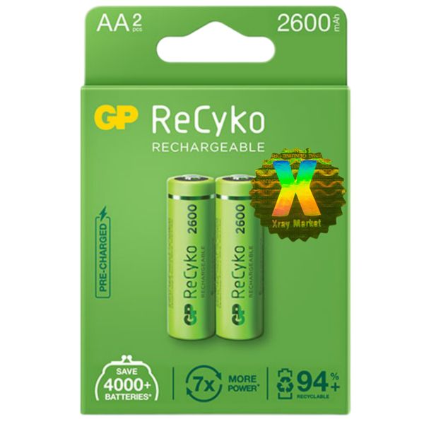 باتری قلمی قابل شارژ جی پی مدل Rechargeable Recyko 2600 (series 2700) XRAY بسته دو عددی