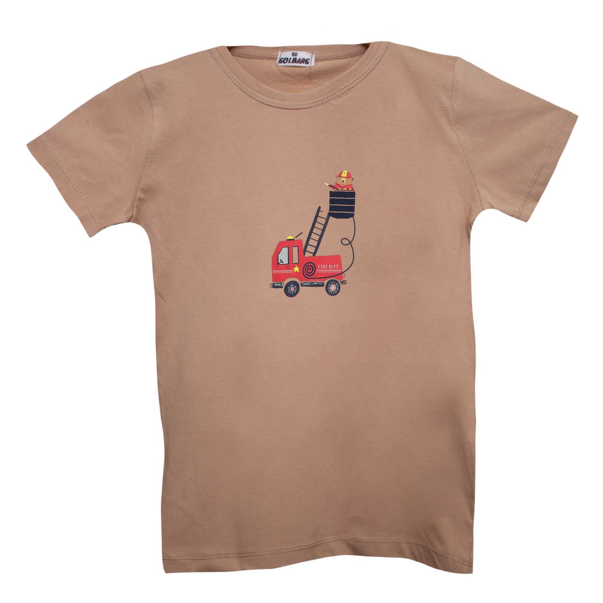 تی شرت آستین کوتاه بچگانه مدل خرس آتش نشان رنگ کرم