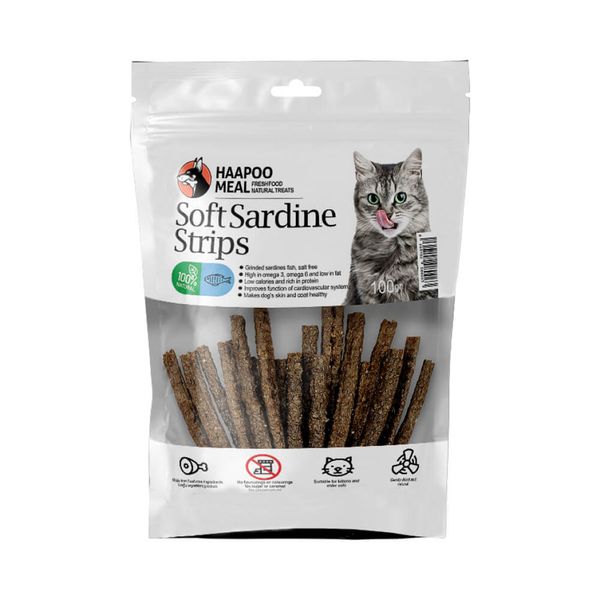 تشویقی گربه هاپومیل مدل استریپ نرم ساردین کد Soft Sardine Strips وزن 100 گرم