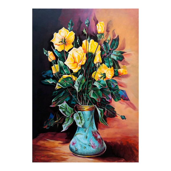  تابلو نقاشی رنگ روغن طرح گلدان گل رز کد 21