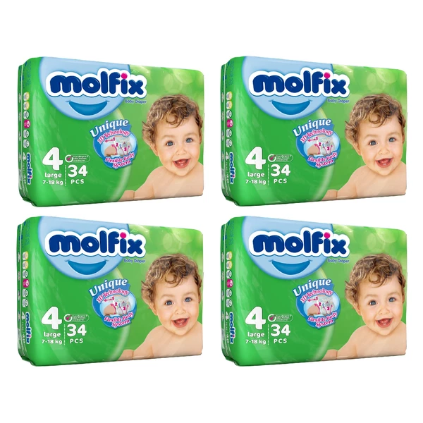 پوشک کودک مولفیکس سایز 4 بسته 34 عددی مجموعه 4 عددی