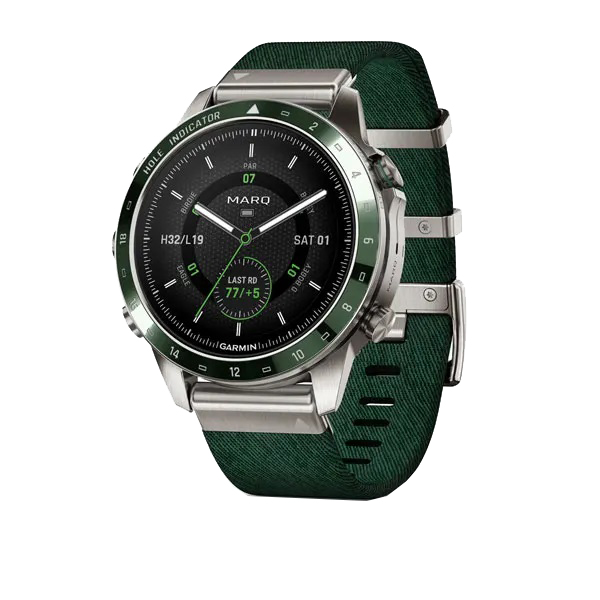 ساعت هوشمند گارمین مدل MARQ Golfer (Gen 2) with pine green Jacquard-weave nylon watch strap