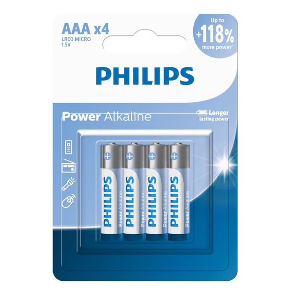 باتری نیم قلمی فیلیپس مدل Power Alkaline LR03P4B بسته چهار عددی