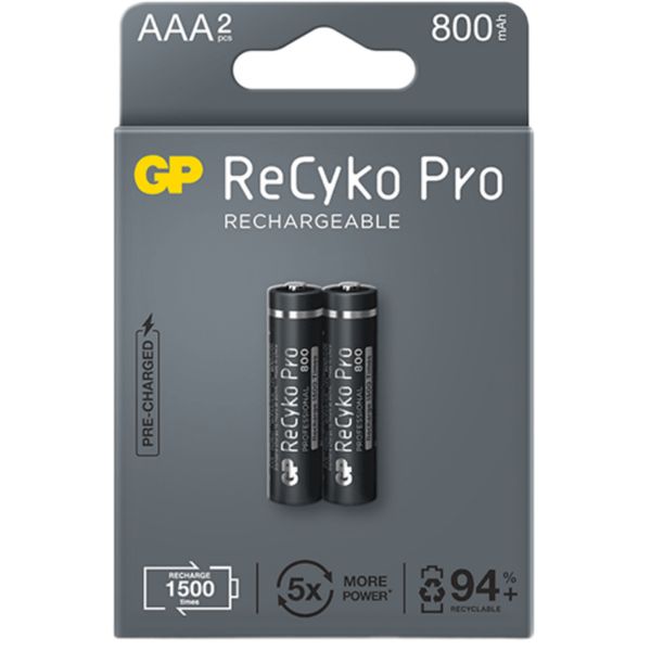 باتری نیم قلمی قابل شارژ جی پی مدل Rechargeable Recyko pro 800 بسته دو عددی