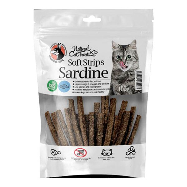 غذای تشویقی گربه هاپومیل مدل Sardine Soft Strips وزن ۱۰۰ گرم