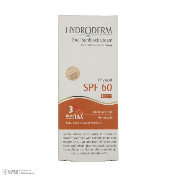 کرم ضد آفتاب رنگی هیدرودرم SPF60 مدل Phisical Tinted ‌مناسب پوست‌های حساس حجم 50 میلی‌لیتر