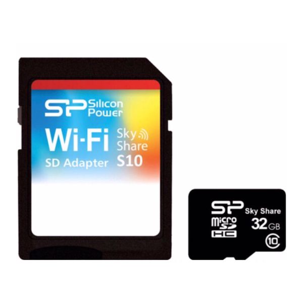 کارت حافظه microSDHC WiFi سیلیکون پاور مدل Sky Share S10 کلاس 10 استاندارد سرعت 85MBps ظرفیت 32 گیگابایت به همراه آداپتور