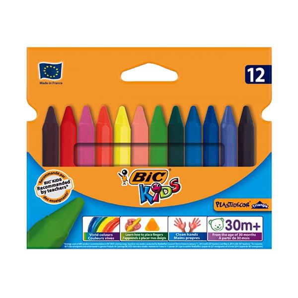 مداد شمعی 12 رنگ بیک مدل Triangular Kids Plasti Decor