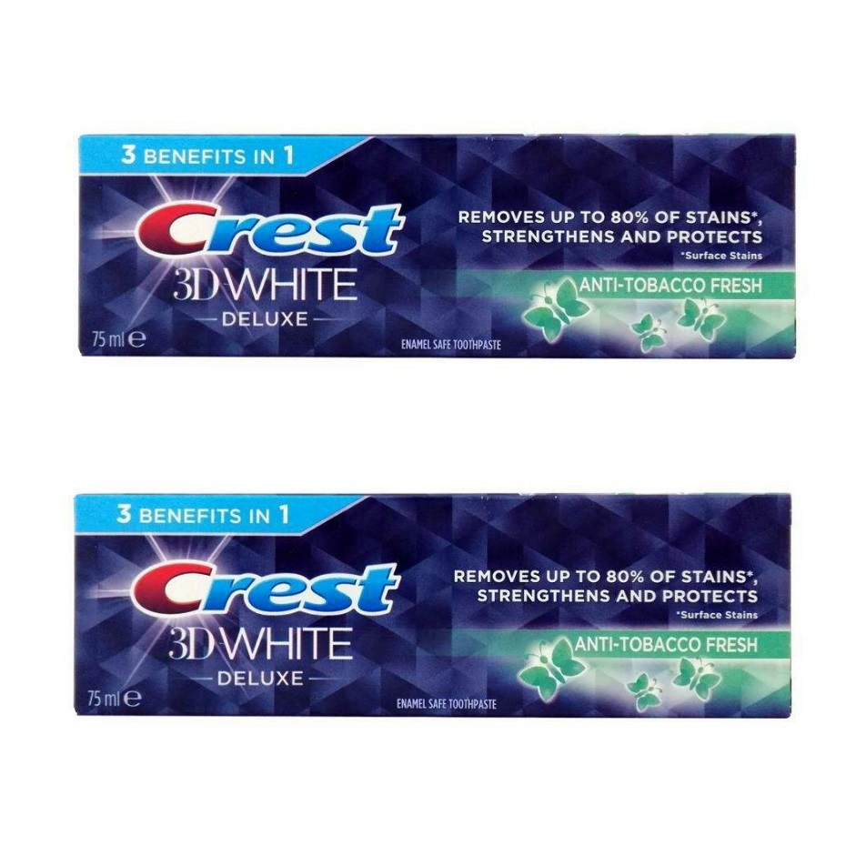 خمیر دندان کرست سری 3D White مدل Anti-Tobacco Fresh حجم 75 میلی لیتر مجموعه 2 عددی