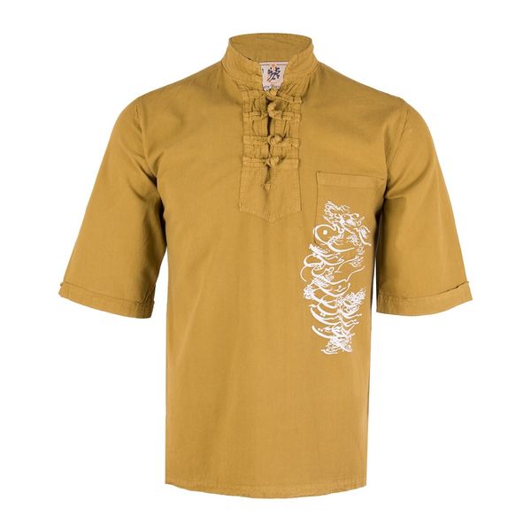 پیراهن مردانه الیاف طبیعی چترفیروزه مدل آستین کوتاه چاپی چهارگره خردلی کد 8