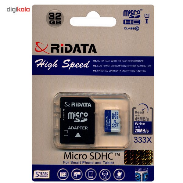 کارت حافظه microSDHC ری دیتا مدل High Speed کلاس 10استاندارد UHS-I U1 سرعت 45MBps 333X همراه با آداپتور SD ظرفیت 32 گیگابایت
