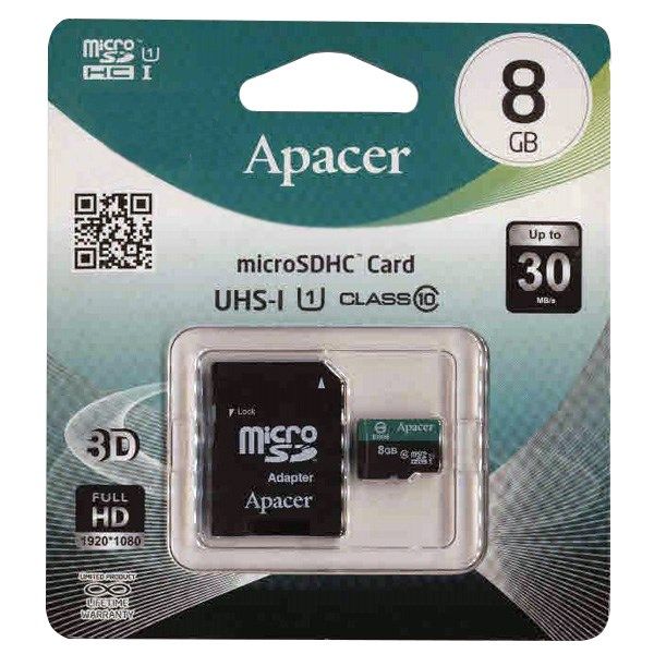 کارت حافظه microSDHC اپیسر مدل Color کلاس 10 استاندارد UHS-I U1 سرعت 30MBps به همراه آداپتور SD ظرفیت 8 گیگابایت