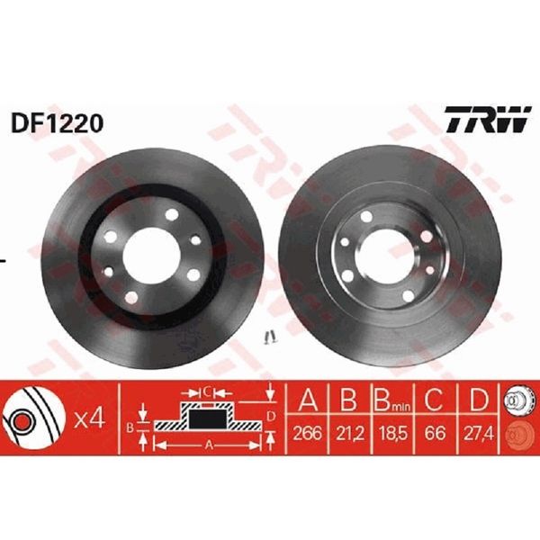 دیسک ترمز چرخ جلو تی آر دبلیو مدل DF1220 مناسب برای پژو 405 بسته 2عددی