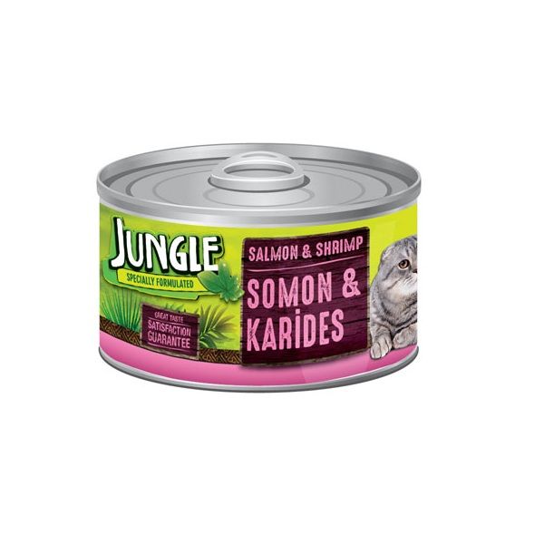 کنسرو غذای گربه جانگل مدل Salmon & shrimp jungle وزن 85 گرم