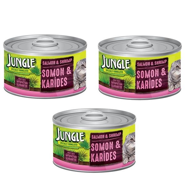 کنسرو غذای گربه جانگل مدل Salmon & shrimp jungle وزن 85 گرم بسته 3عددی