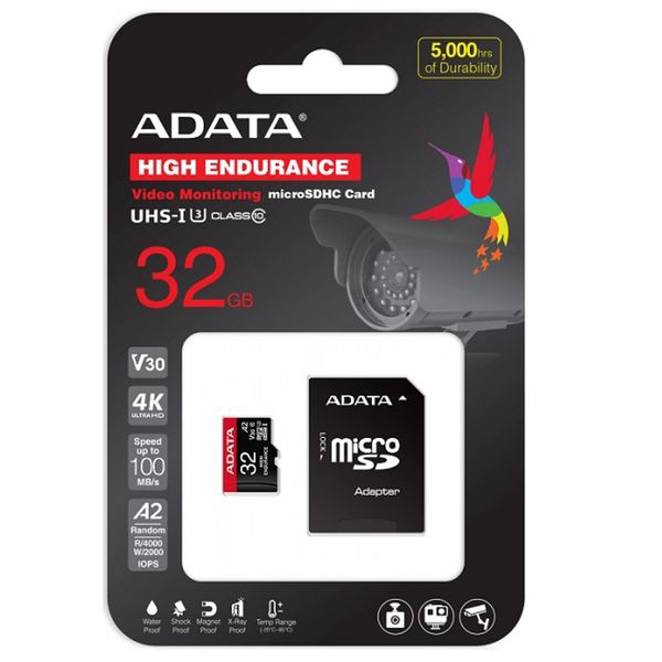 کارت حافظه microSD ای دیتا مدل HIGH ENDURANCE کلاس A2 V30 استاندارد UHS-I U3 سرعت 100MBps ظرفیت 32 گیگابایت به همراه آداپتور SD 