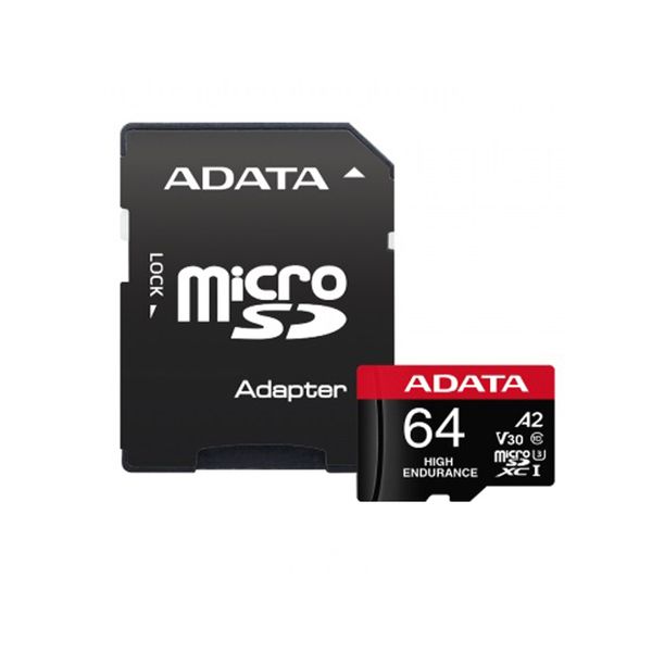 کارت حافظه microSD ای دیتا مدل HIGH ENDURANCE کلاس A2 V30 استاندارد UHS-I U3 سرعت 100MBps ظرفیت 64 گیگابایت به همراه آداپتور SD 