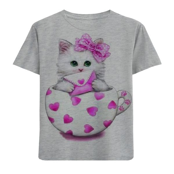 تی شرت آستین کوتاه دخترانه طرح گربه و پاکت نامه کد F106