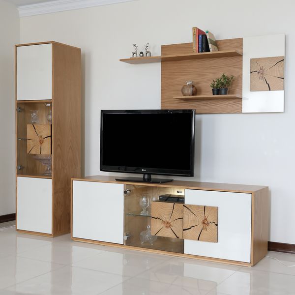 میز تلویزیون صنایع چوبی آذرباد مدل نهال کد A300 به همراه شلف دیواری و ویترین