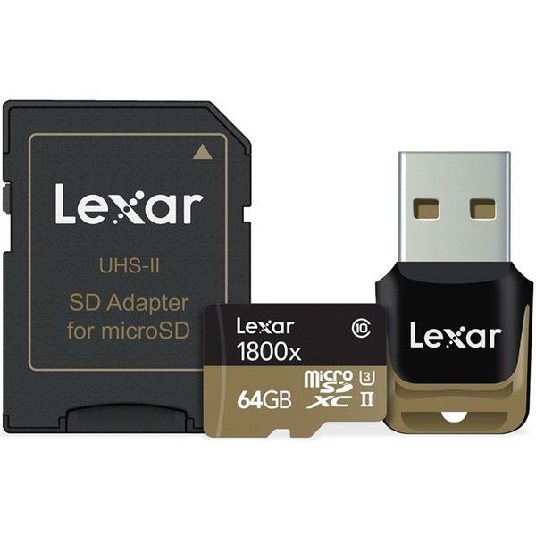 کارت حافظه microSDXC لکسار مدل Professional کلاس 10 استاندارد UHS-II U3 سرعت 1800X همراه با ریدر USB 3.0 و آداپتور - ظرفیت 64 گیگابایت