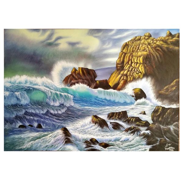 تابلو نقاشی رنگ روغن مدل صخره و دریا 1402