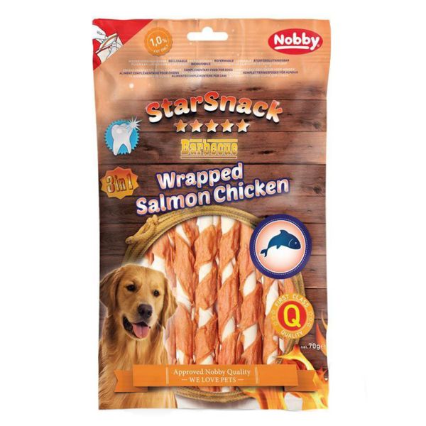 تشویقی سگ نوبی مدل wrapped salmon chicken وزن 70 گرم
