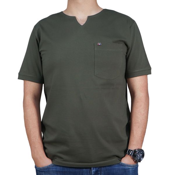 تی شرت آستین کوتاه مردانه مدل یقه کوبایی پنبه کد 23082 رنگ سبز سدری تیره