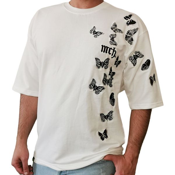 تی شرت اورسایز آستین کوتاه مردانه مدل گلدوزی پروانه