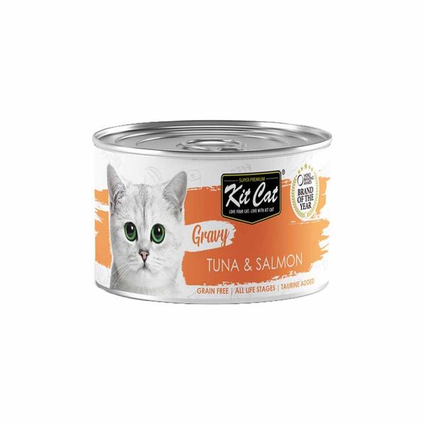 کنسرو غذای گربه کیت کت مدل ماهی تن و سالمون سس gravy وزن 70 گرم