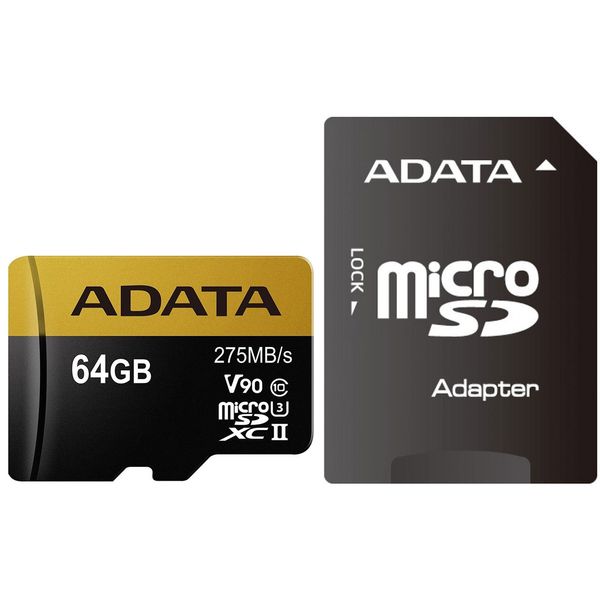 کارت حافظه microSDXC ای دیتا مدل Premier ONE V90 کلاس 10 استاندارد UHS-II U3 سرعت 275MBps همراه با آداپتور SD ظرفیت 64 گیگابایت