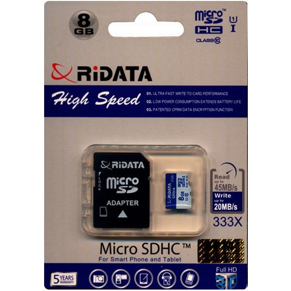کارت حافظه microSDHC ری دیتا مدل High Speed کلاس 10 استاندارد UHS-I U1 سرعت 45MBps 333X ظرفیت 8 گیگابایت