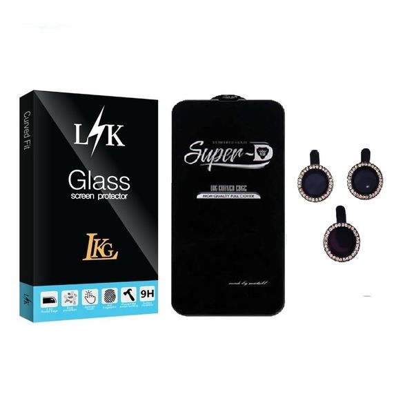 محافظ صفحه نمایش ال کا جی مدل LKK Super-D مناسب برای گوشی موبایل اپل IPHONE 13PRO به همراه محافظ لنز دوربین رینگی نگین دار