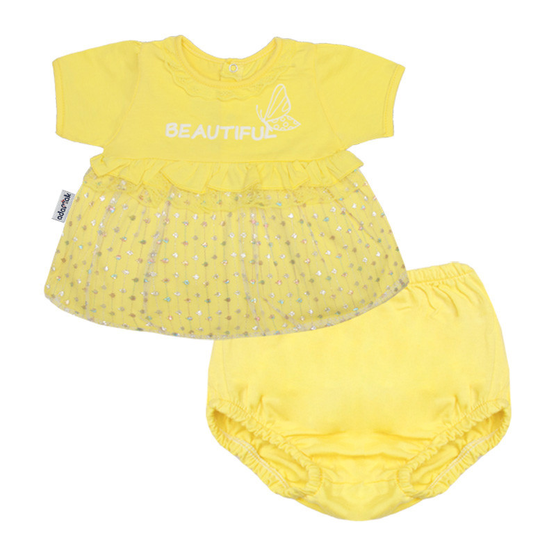ست پیراهن و شورت نوزادی دخترانه آدمک مدل پروانه کد 127400 رنگ لیمویی