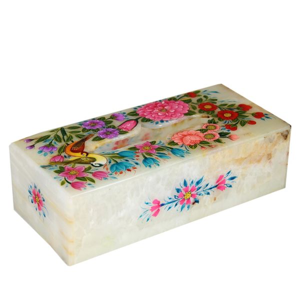 جعبه دستمال کاغذی سنگ مرمر اثر بابایی مدل گل و مرغ کد 4