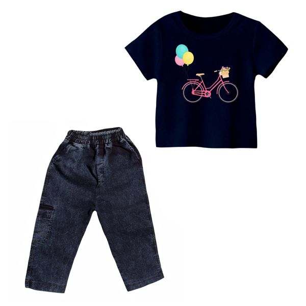 ست تی شرت و شلوارک دخترانه مدل دوچرخه کد ۱۲ رنگ سورمه ای