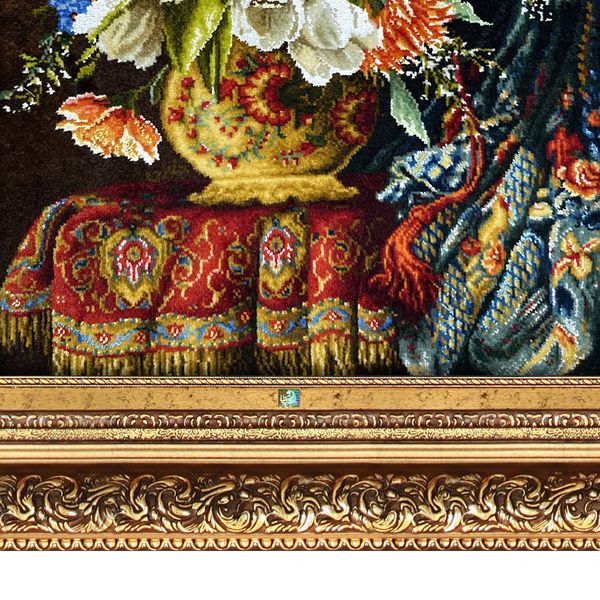 تابلو فرش دستباف فرش میرنظامی مدل گل و گلدان و پرده کد 1601