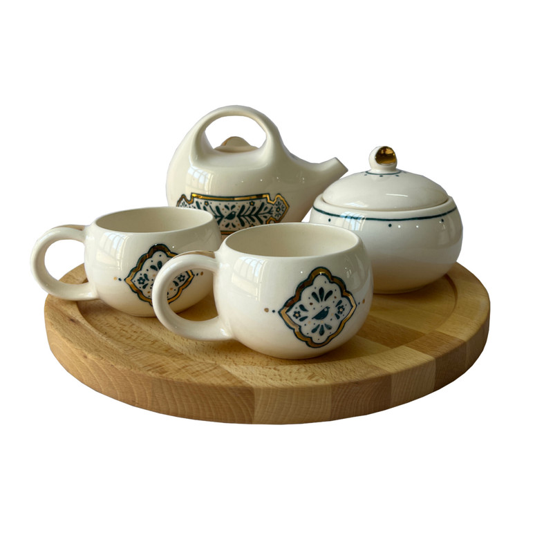 سرویس چای خوری 5 پارچه سرامیکی طرح ماه منیر به همراه سینی چوبی