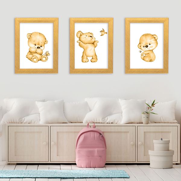 تابلو کودک و نوزاد بیوند فریم مدل خرس طلایی کد FG006 مجموعه 3 عددی