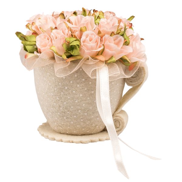 گلدان نمدی به همراه گل مصنوعی رز مینیاتوری پرانی طرح فنجان مدل 1001
