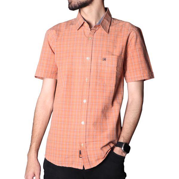 پیراهن آستین کوتاه مردانه مدل نخی چهارخونه کد 6364 رنگ نارنجی