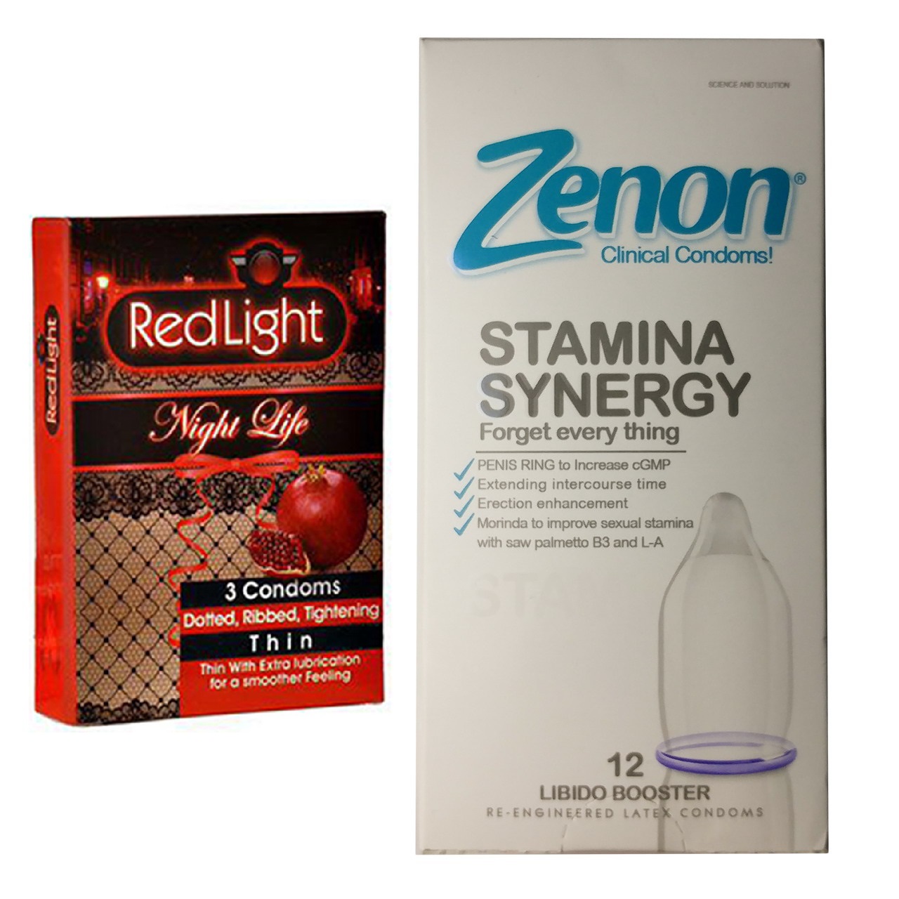 کاندوم زنون مدل Stamina Synergy بسته 12 عددی به همراه کاندوم ردلایت مدل Night Life بسته 3 عددی