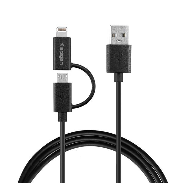 کابل تبدیل USB به microUSB و لایتنینگ اسپیگن مدل C21 Dual به طول 1 متر