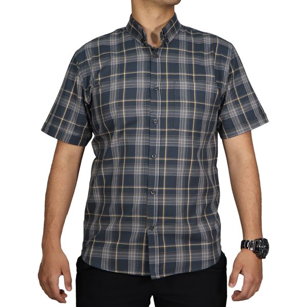 پیراهن آستین کوتاه مردانه مدل نخی چهارخونه کد 33077 رنگ ذغالی