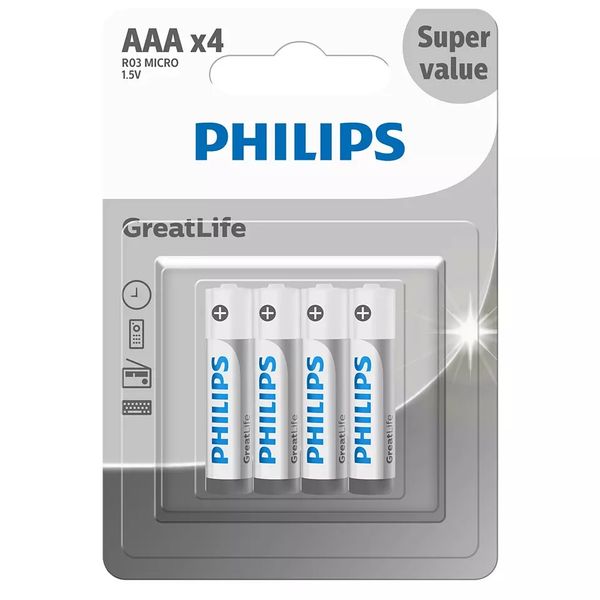 باتری نیم قلمی فیلیپس مدل GreatLife R03G4B/40 بسته چهار عددی
