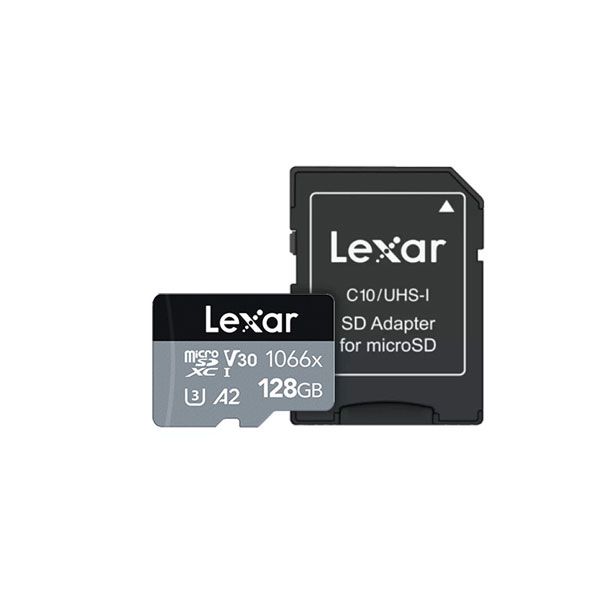کارت حافظه microSDXC لکسار مدل 1066X کلاس A2 استاندارد UHS-U3 سرعت 160MBps ظرفیت 128گیگابایت به همراه آداپتور SD