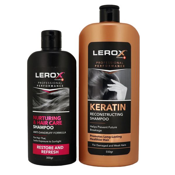 شامپو مو لروکس مدل Keratin وزن 550 گرم به همراه شامپو مو لروکس مدل Nurturing Hair Care وزن 300 گرم