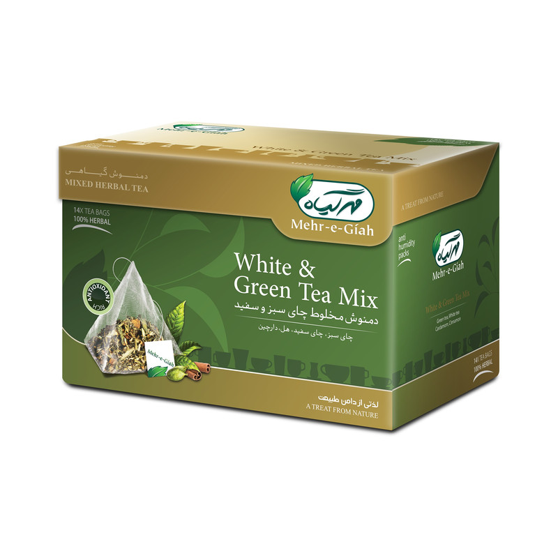 دمنوش گیاهی چای سبز و سفید مهرگیاه بسته 14 عددی