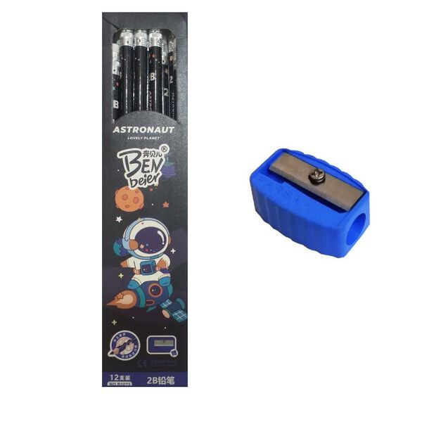 مداد مشکی مدل فضانورد طرح 2B به همراه تراش بسته 12 عددی